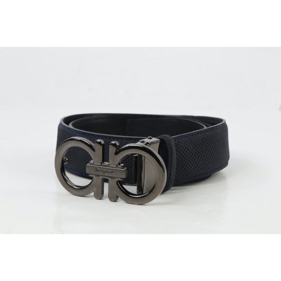 Salvatore Ferragamo Belt 120 Navy Blue Perforated Leather Gunmetal Gancini Luxe main image 6